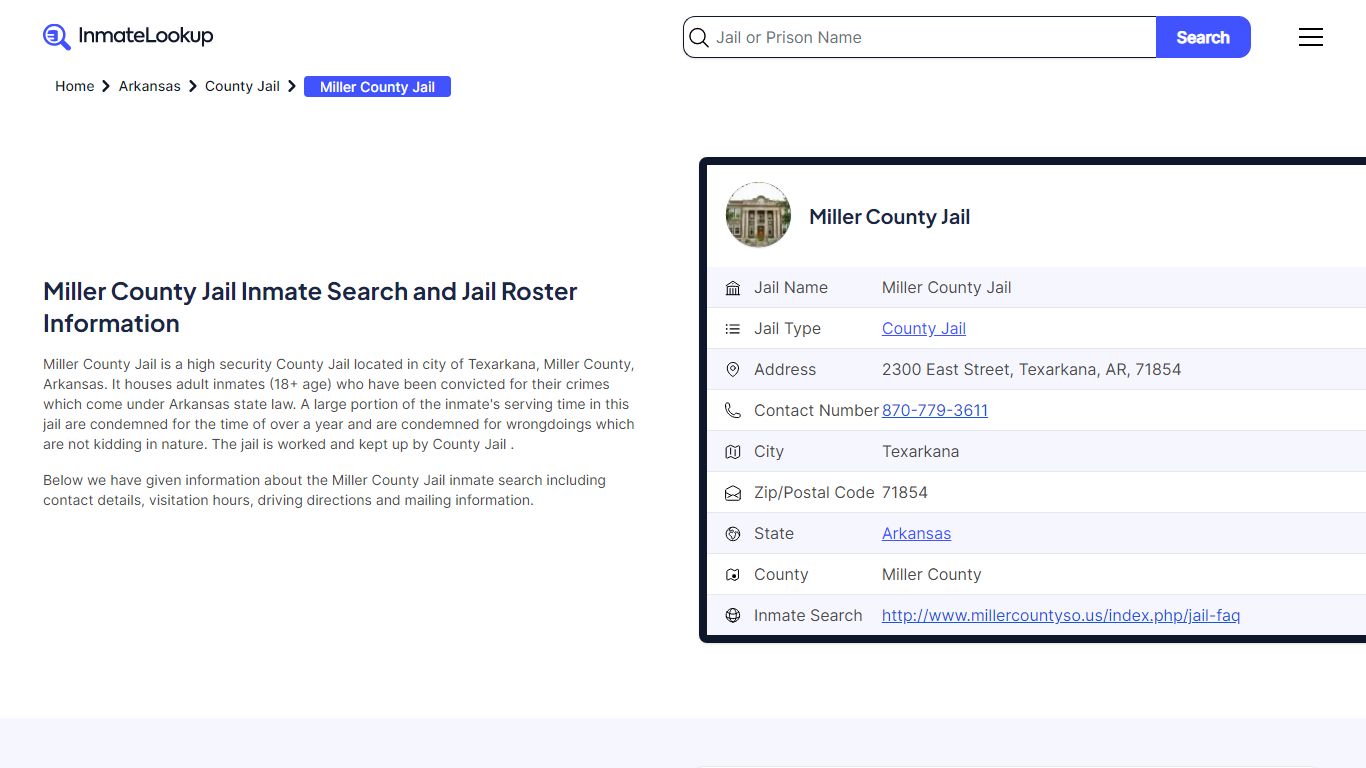 Miller County Jail Inmate Search - Texarkana Arkansas - Inmate Lookup